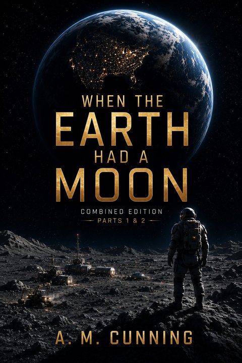 Cover of the novel When the Earth Had a Moon by A. M. Cunning: an astronaut on the lunar surface looking up at the Earth