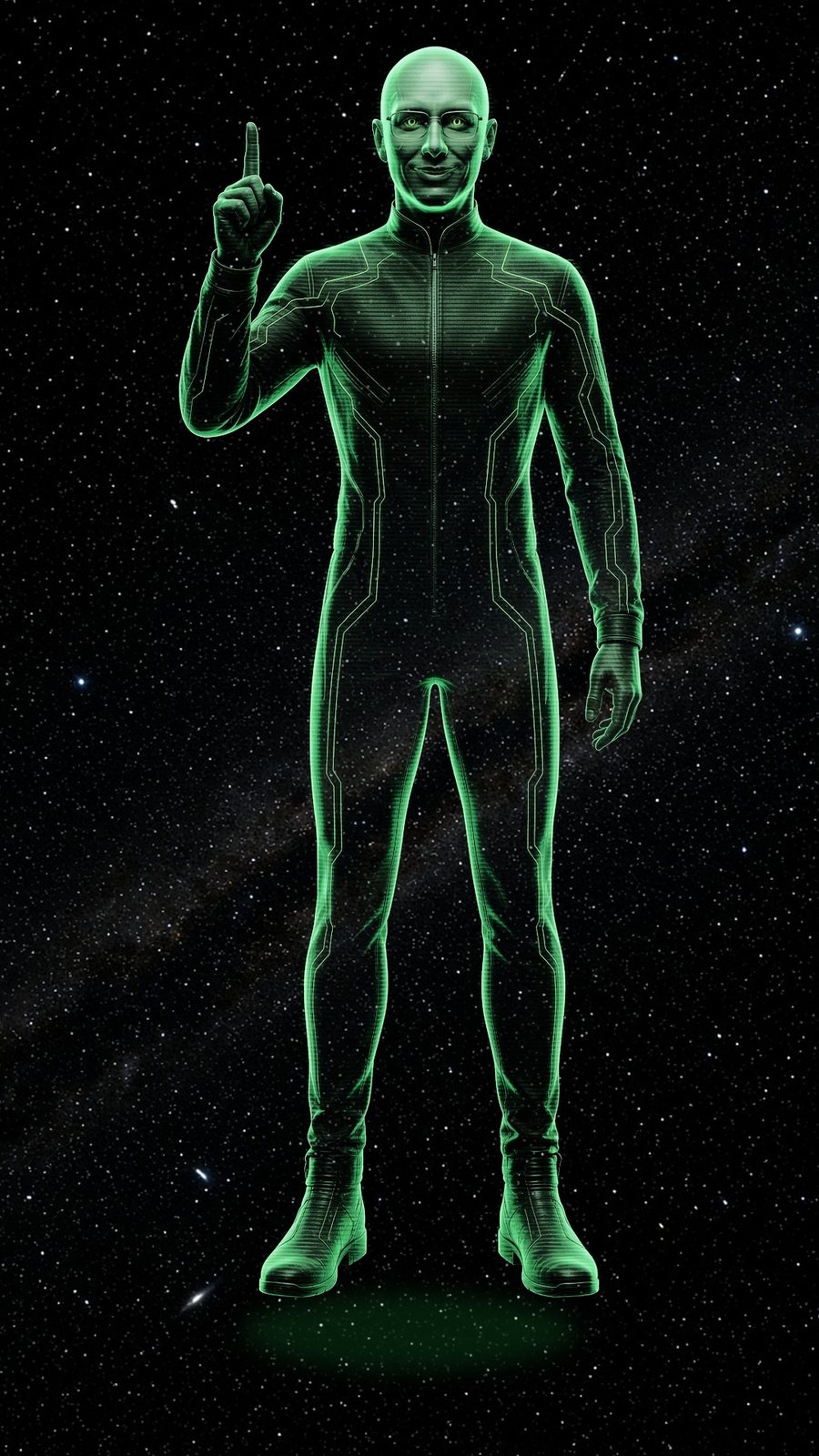 POPS, a bald man in glasses drawn as a glowing green hologram, standing among stars with one finger raised